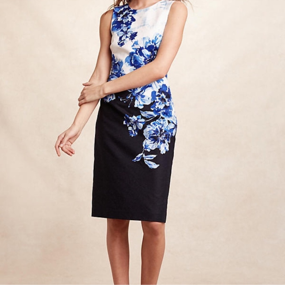 Anthropologie Maeve Vonda Blue Floral Sheath dress- size 4P